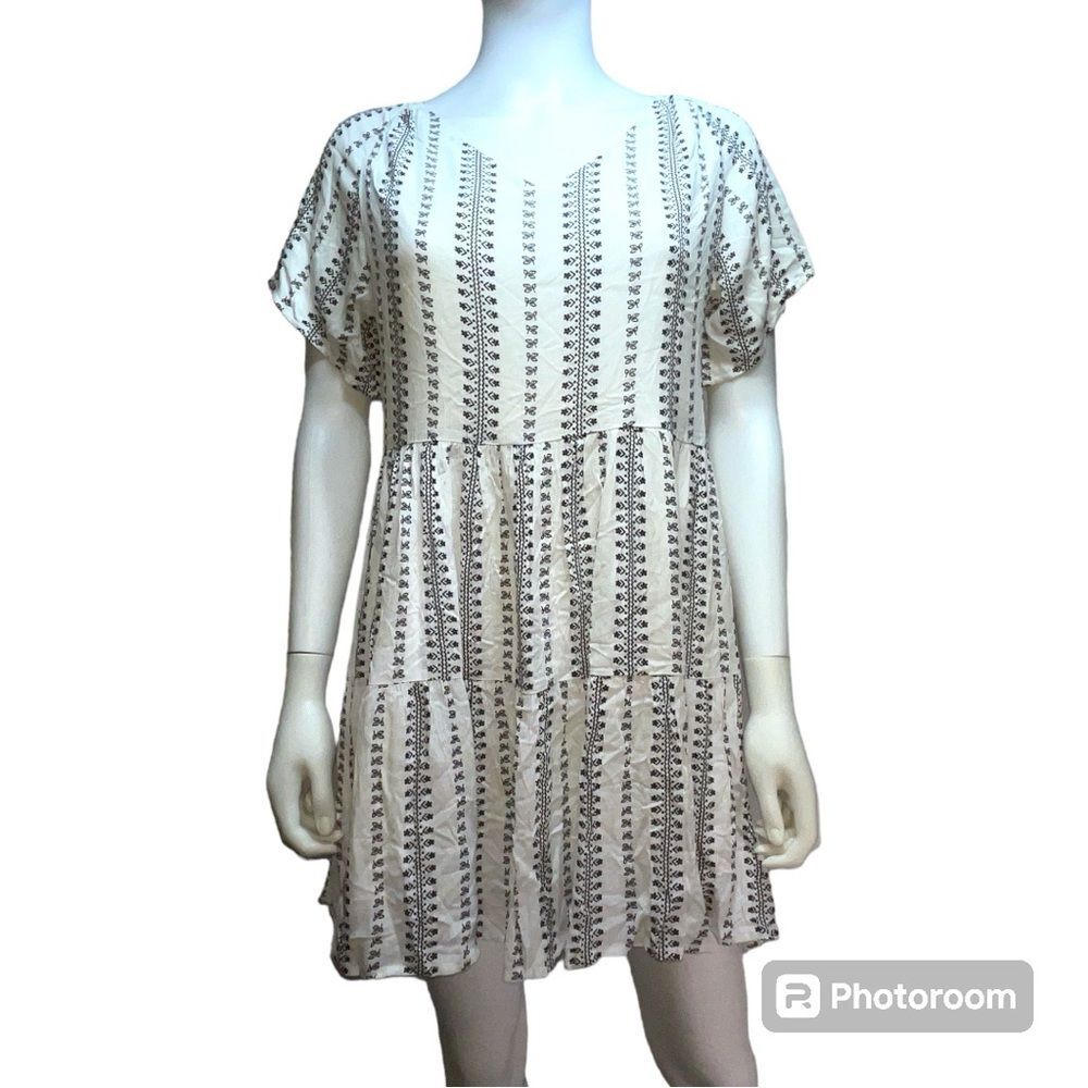 Pink Lily Babydoll Boho Pattern Tiered Mini Dress Black and White Women's Size S